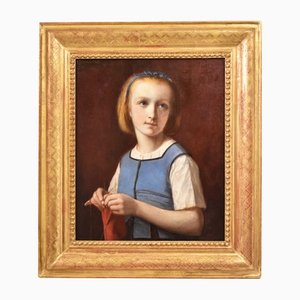 Artista francese, Ritratto di ragazza che cuce, 1860, Olio su tela, Incorniciato