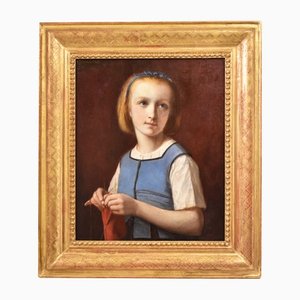 Französischer Künstler, Portrait of Girl Sewing, 1860, Öl auf Leinwand, Gerahmt
