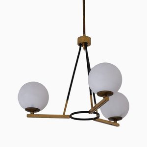 Lampe à Suspension Mid-Century Moderne en Laiton, Fer et Verre Opalin, Italie, 1950s