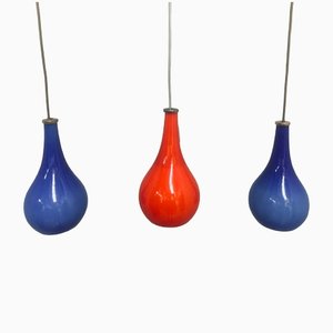 Lampade da soffitto in vetro a doppio strato blu e rosso, anni '70, set di 3