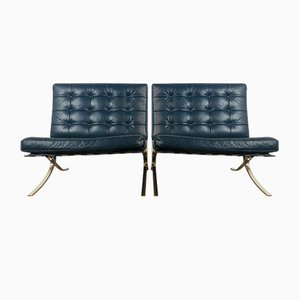 Barcelona Chairs in Blue Leather attributed to Ludwig Mies Van Der Rohe, 1980s, Set of 2