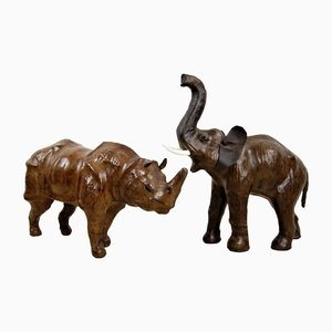 Vintage Rhinoceros and Elephant Sculptures in Leather, Set of 2