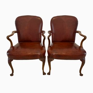 Antique Leather and Carved Walnut Desk Chairs, 1920s, Set of 2