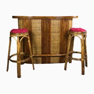 Vintage Bar with Rattan & Bamboo Stools, 1960s, Set of 3