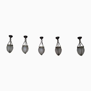 Art Nouveau Ceiling Lamps in Glass, Metal & Brass, Set of 5