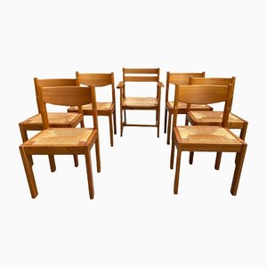 Dining Chairs & Armchair in Elm from Maison Regain, 1980s, Set of 7