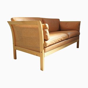 Vintage Sofa in Light Wood, Cane & Leather attributed to Arne Norell