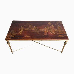 Neo-Classical Coffee Table with a Lacquered Tray Brass Representing Chinese Scenes from Maison Jansen, 1940s