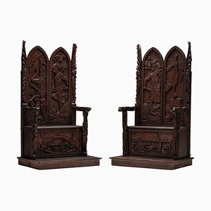 20th Century Carved Wooden Throne Chairs with Relief Design, Set of 2