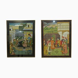 Antique Persian Hand-Painted Oriental Scenes on Silk in Frame, Set of 2