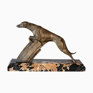 Bronze Greyhound Sculpture on Portor Marble Base by C. Charles, 1920s