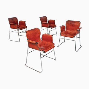 Mid-Century Modern Swiss Leather Chairs with Chromed Legs, Set of 4