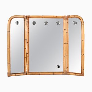 Mid-Century Italian Triple Folding Bamboo Mirror with Dimmable Lighting, 1970s