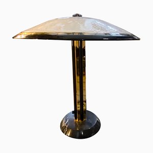 Lámpara de mesa italiana Hollywood Regency de mármol, latón y vidrio de Tommaso Barbi, años 70