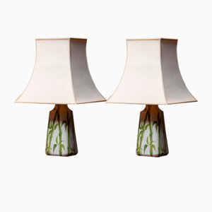 Italian White Ceramic and Glazed Hand-Painted Table Lamps with Bamboo Decor, 1960s, Set of 2