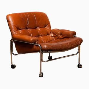 Chrome and Aged Brown Eva Lounge Chair Leather by Lindlöfs Möbler, 1960s