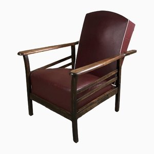 Wooden Deck Chair in Imitation Leather, 1930s / 40s