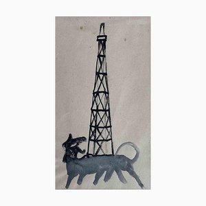 Mino Maccari, Barking at Tower, Drawing in Tempera, Mid-20th Century
