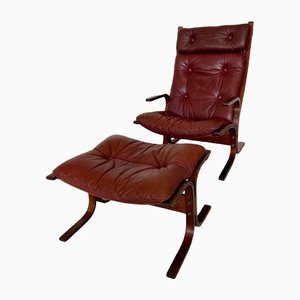 Vintage Norwegian Leather Seista Chair & Ottoman by Ingmar Relling from Westnofa, 1970s, Set of 2