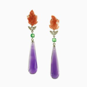 Red Coral Leaves, Amethyst Drops,emeralds,diamonds, White Gold Drop Earrings, 1980s, Set of 2