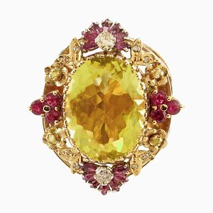 Bague Cocktail Diamants et Citrine Citrine en Or Rose, 1950s