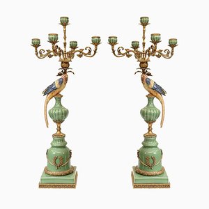 French Porcelain Parrot Candelabras Ormolu Stands, Set of 2