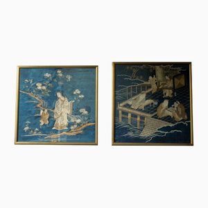 Antique Chinese Embroidered Textiles with Figures, 1920s, Set of 2