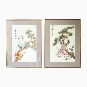Mid Century Asian Embroidered Textile Pictures of Peacock and Heron, 1960s, Set of 2
