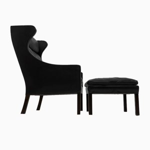 Black Leather Wingchair and Footstool by Borge Mogensen for Fredericia, 1960s, Set of 2