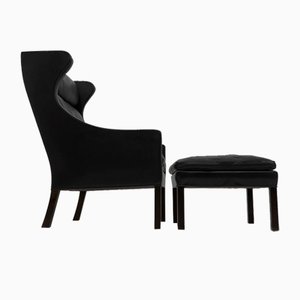Set of Black Leather Wingchair and Footstool by Borge Mogensen for Fredericia, 1960s