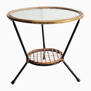 Metal and Rattan Glass Table attributed to Rohé Noordwolde, the Netherlands, 1950s