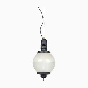 Mid-Century Azucena Style Pendant Lamp in Black Aluminium and Brass & Molded Glass Shade, 1950s