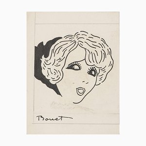 Emilie Bonet, Portrait, Original China Ink Drawing, 20th Century