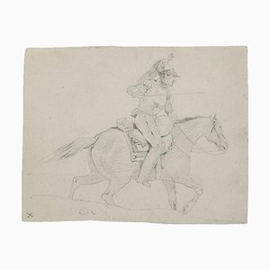 Desconocido, Soldado a caballo, Dibujo a lápiz original, siglo XIX