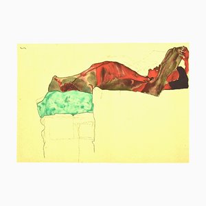 Nach Egon Schiele, Liegender Männlicher Akt mit Grünem Stoff, 20. Jh., Original Lithographie