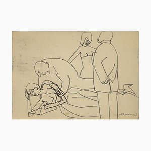 Mino Maccari, Sickness, Original Kohlezeichnung, 1960er