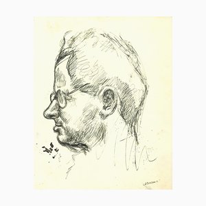 Mino Maccari, Portrait of Man with Glasses, Original Pen Drawing, 1960s