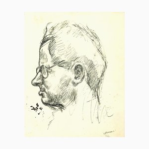 Mino Maccari, retrato de hombre con anteojos, dibujo a pluma original, años 60