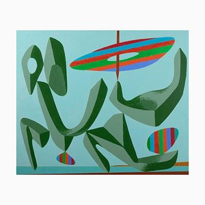 Leo Guida, Green Composition, Original Acrylic Painting, 1980s