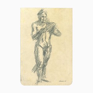Mino Maccari, desnudo masculino de pie, dibujo a lápiz original, años 70