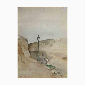 Unknown, The Writer on the Rocks, Original Watercolor, Early 20th Century