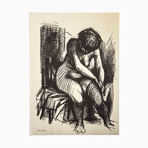 Leo Guida, Crouched Nude, Original Ink Drawing, 1980s