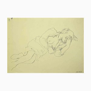 Leo Guida, mujer reclinada, dibujo a lápiz original, años 70