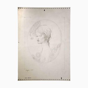 Leo Guida, retrato femenino, dibujo a lápiz original, años 70