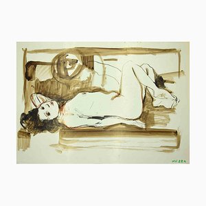 Leo Guida, desnudo reclinado, tinta original y acuarela, años 70