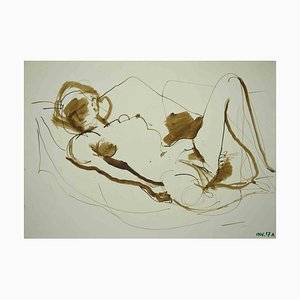 Leo Guida, desnudo reclinado, tinta original y acuarela, años 70