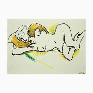 Leo Guida, desnudo reclinado, dibujo al óleo original en colores pastel, años 70