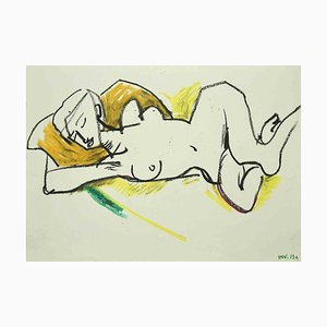 Leo Guida, Nu Couché, Dessin Original Pastel à l'Huile, 1970s