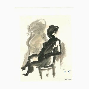 Leo Guida, mujer sentada y escena surrealista, tinta y acuarela originales, años 70
