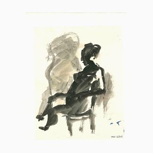 Leo Guida, Seated Woman and Surreal Scene, Original Ink & Watercolor, 1970s